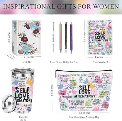 jeilink Positive Affirmations Self Love Mental Health Gifts Inspirational Gifts for Women Wife Sister Grandma Birthday Appreciation Anniversary, 20oz Tumbler Makeup Bag Ballpoint Pen Notebook 6PCS