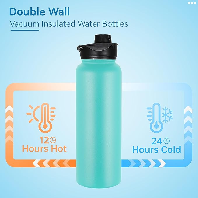 VEGOND 40 oz Insulated Water Bottle Bulk Stainless Steel Metal Water Bottles with Leak Proof Straw Lid & Spout Lid, Wide Mouth Double Walled Vacuum Travel Sports Bottle, 4 Pack