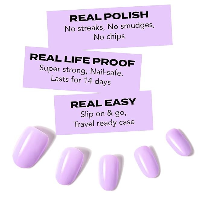 Short Lavender Press On Nails | Hard Candy False Nails with Real Pastel Purple Nail Polish | Includes - Reusable Short Round Nails, Strong Nail Glue and Travel Case
