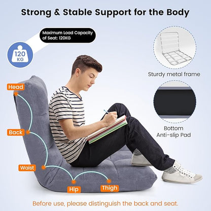 Moccha 14-Position Floor Chair, Folding Sofa Chair with Back Support, Memory Foam Floor Gaming Chairs for Adults, Adjustable Padded Couch Recliner Sleeper Bed for Reading, Meditating, Gray