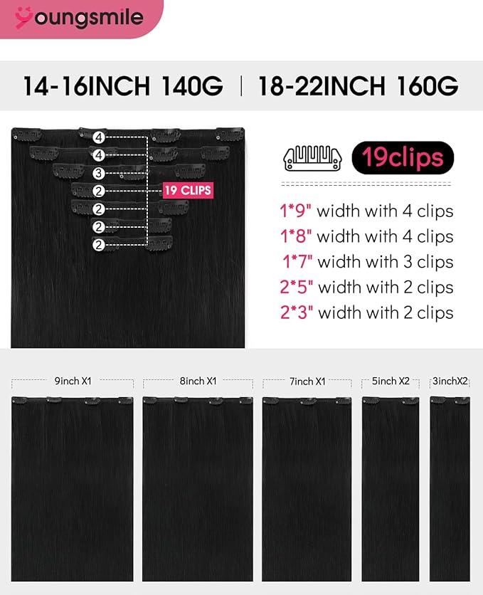Youngsmile Clip in Hair Extensions Human Hair,18 Inch 160g 7pcs, #1 Jet Black Rallonge Cheveux Humain Thick End Clip in Real Hair Extensions Easy To Install for Full Head (7C#1-18Inch)