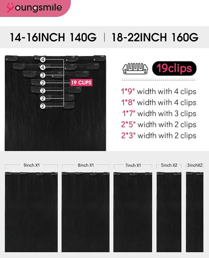 Youngsmile Clip in Hair Extensions Human Hair,18 Inch 160g 7pcs, #1 Jet Black Rallonge Cheveux Humain Thick End Clip in Real Hair Extensions Easy To Install for Full Head (7C#1-18Inch)