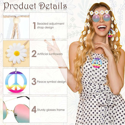 6 Pcs Hippie Costume Accessories Set, Flower Hippie Headband Boho Peace Sign Necklace Earrings Sunglasses Bracelet