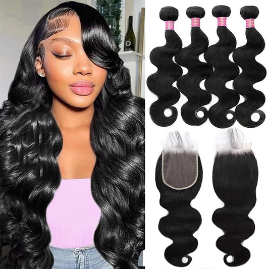 Bundles Human Hair with Closure (18 20 22 24+16 Inch) 12A Body Wave 4 Bundles with 5x5 Closure 100% Unprocessed Brazilian Raw Bundles Human Hair Natural Black