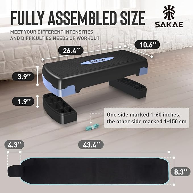 SAKAE Aerobic Step Platform Set with Waist Trimmer & Measuring Tape, Exercise Steppers for Home Exercise Fitness, Adjustable Height 2 Level Risers Workout Step Platform Trainer, Multiple Colors