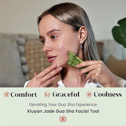 Rena Chris Natural Jade Gua Sha Facial Tools - Acupressure & Gua Sha for Face Massage, Jawline Sculpting, Puffiness Reduction, Guasha Skin Care Tool with Carry Pouch and Cleaning Cloth