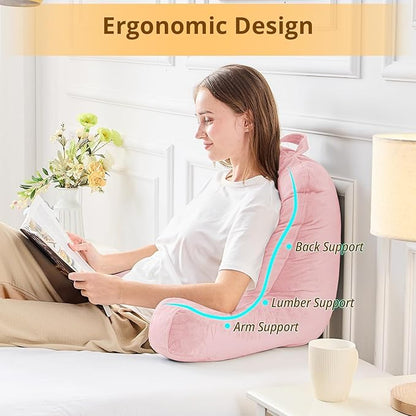 Sasttie Reading Pillow, Velvet Back Pillow for Bed Sitting Up, Adult Back-Rest Support Cushion with Arms for Sit Up on Couch, Sofa, and Floor, Dorm Essentials, Reading Accessories, Pink