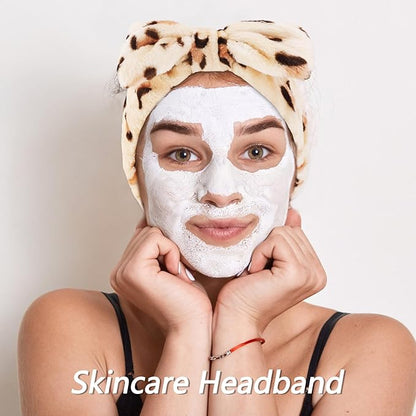 VELSCRUN Spa Headbands for Wash Face, Makeup Headband, Facial Skincare Headbands, 5 Pcs Brown Leopard Puffy Sponge Spa Headband Bow Tie Hair Band Hair Clips Wristband Set Women Girls Accessories