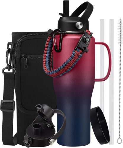 32oz 40oz Tumbler with Handle and Straw - Keep Cold-48h Hot-24h, Insulated Water Bottle with Auto Chug Lid, Carrying Pouch, Paracord Handle & Protective Boot, Cupholder Friendly Travel Mugs Flask