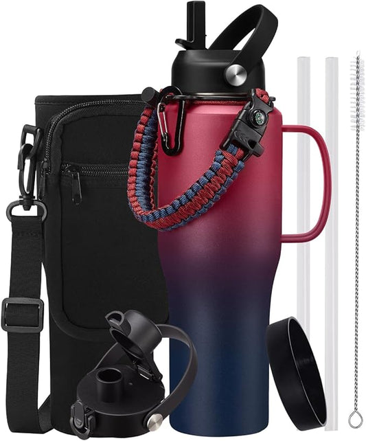 32oz 40oz Tumbler with Handle and Straw - Keep Cold-48h Hot-24h, Insulated Water Bottle with Auto Chug Lid, Carrying Pouch, Paracord Handle & Protective Boot, Cupholder Friendly Travel Mugs Flask
