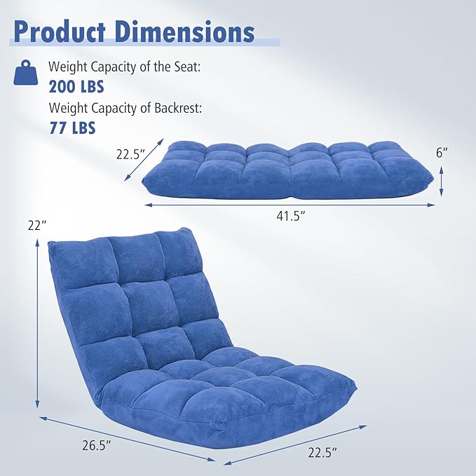Moccha 14-Position Floor Sofa, Folding Sofa Chair with Back Support, Memory Foam Floor Gaming Chairs for Adults, Adjustable Padded Couch Recliner, Chaise Lounge for Reading, Meditating (Blue)