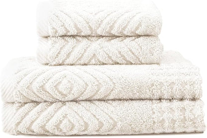 Texere 100% Organic Cotton Diamond Jacquard 700 GSM Luxury Bath Towel Sets - Ultra Soft and Absorbent Hotel and Spa Quality (Diamond, Cream, 2 Hand & 2 Face Towels)