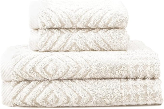 Texere 100% Organic Cotton Diamond Jacquard 700 GSM Luxury Bath Towel Sets - Ultra Soft and Absorbent Hotel and Spa Quality (Diamond, Cream, 2 Hand & 2 Face Towels)