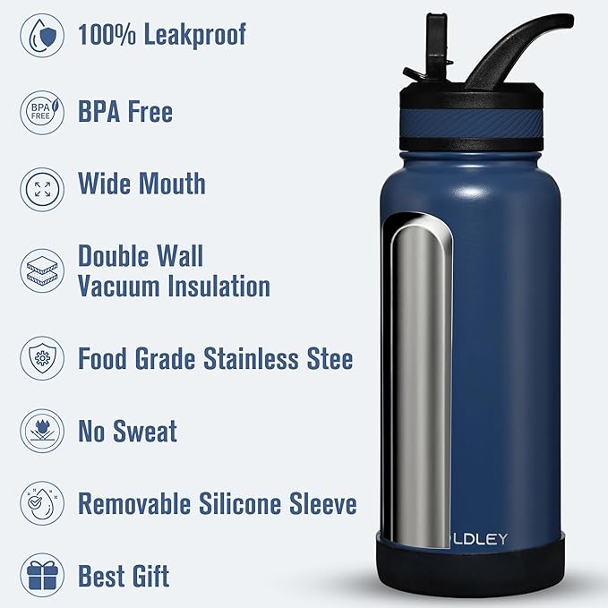 OLDLEY 32 oz Insulated Water Bottle With Straw, Stainless Steel Sports Water Cup Flask with 3 Lids(Straw, Spout and Handle Lid) Double Walled Travel Thermal Canteen Mug,Navy Blue