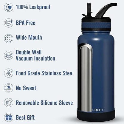 OLDLEY 32 oz Insulated Water Bottle With Straw, Stainless Steel Sports Water Cup Flask with 3 Lids(Straw, Spout and Handle Lid) Double Walled Travel Thermal Canteen Mug,Navy Blue
