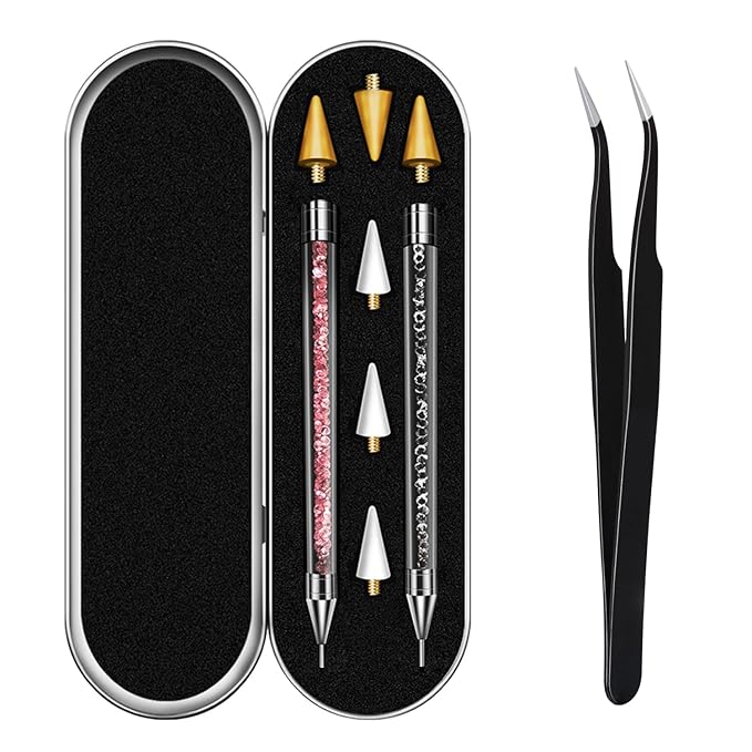 Rhinestone Picker Tool, Dual-ended Rhinestones Applicator Nail Art Design Tool, 2 Pack Acrylic Handle Nail Pen with 4 Extra Wax Tips and1 Tweezer