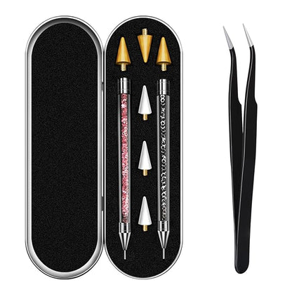 Rhinestone Picker Tool, Dual-ended Rhinestones Applicator Nail Art Design Tool, 2 Pack Acrylic Handle Nail Pen with 4 Extra Wax Tips and1 Tweezer