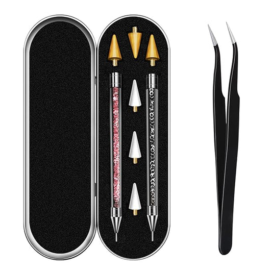Rhinestone Picker Tool, Dual-ended Rhinestones Applicator Nail Art Design Tool, 2 Pack Acrylic Handle Nail Pen with 4 Extra Wax Tips and1 Tweezer