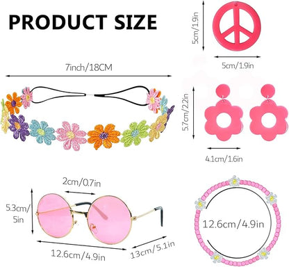 Hippie Costume Accessories Set Peace Sign Necklace Sunglasses Flower Headband Earrings for 60s 70s Outfit Party Women
