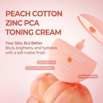 SKINFOOD Peach Cotton Zinc PCA Tone Up Cream, Korean Tinted Moisturizer for Face and Body, Dewy and Matte Skin Tint, Skin Care Makeup for Color Correcting, Sheer Cover, Blurring (1.69 fl. oz.)