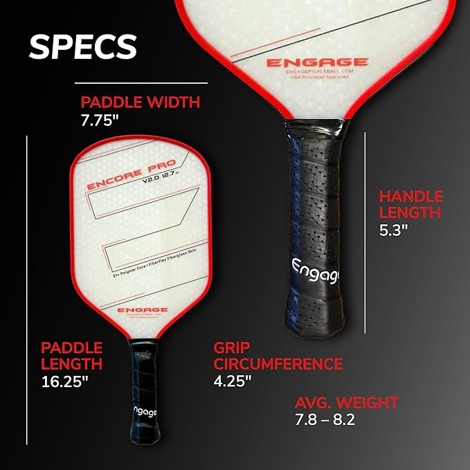 Engage Encore Pro V2.0 Pickleball Paddle – FiberFlex Fiberglass Face for Power & Spin, Available in Two Core Options (12.7mm for Power, 15.2mm for Control), Versatile Hybrid Shape