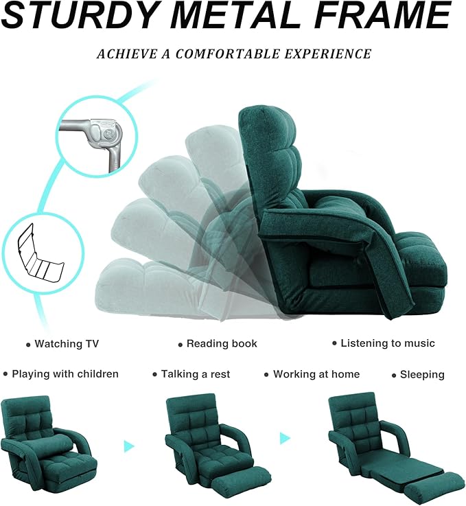 Adjustable Floor Chair for Adults with Back Suppor,5-Position Folding Lazy Sofa with Pillow, Gaming & Meditation Chair with Breathable Fabric - for Living Room, Bedroom, Office,Balcony (Green)