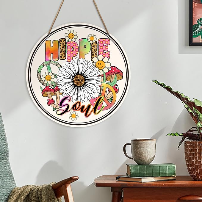 Hippie Peace Sign Wall Decor, Hippie Peace Sign for Front Door Home Living Room Bedroom, Peace and Love Sign, Boho Hippie Peace Round Wood Hanging Signs Decorations, Hipple Soul