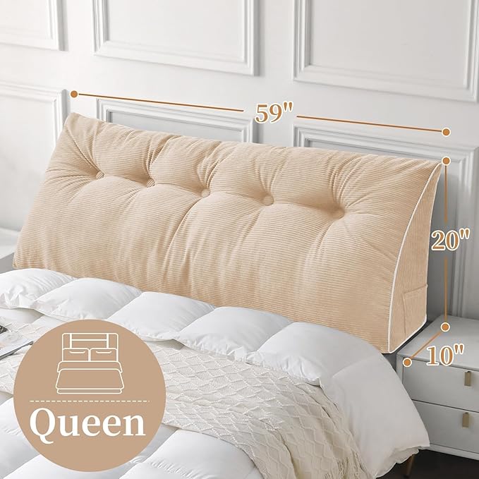Sasttie Headboard Pillow Queen, Wedge Pillow Headboard for Sitting Up in Bed, Back-Rest Support Triangular Cushion for Reading - Features Removable Washable Cover, Beige
