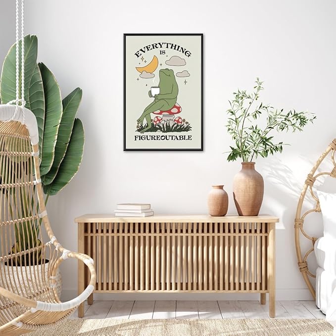 Everything is Figureoutable Motivational Canvas Wall Art Print Frog with Coffee Quote Inspirational Art Poster Mental Health Home Office Affirmation Wall Decor Minimalist Picture 8x12inch black framed