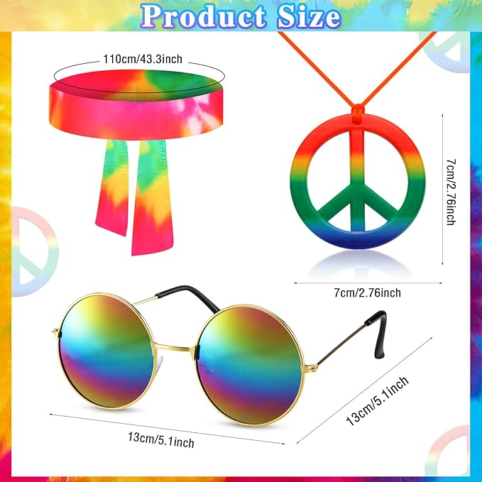 Hippie Costume for Men Women 4PCS Mens 60s 70s Outfit Set Colorful Hippie Shirt Sunglasses Headband Peace Necklace