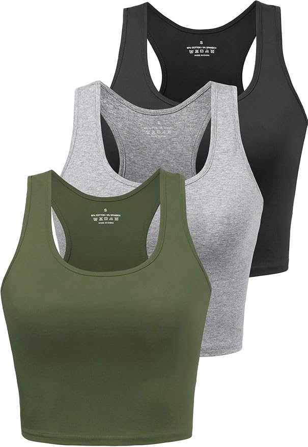 Porvike Sports Crop Tank Tops for Women Cropped Workout Tops Racerback Running Yoga Tanks Cotton Sleeveless Gym Shirts 3 Pack