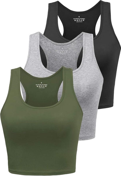 Porvike Sports Crop Tank Tops for Women Cropped Workout Tops Racerback Running Yoga Tanks Cotton Sleeveless Gym Shirts 3 Pack