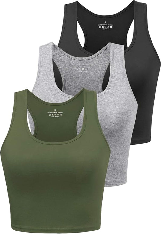 Porvike Sports Crop Tank Tops for Women Cropped Workout Tops Racerback Running Yoga Tanks Cotton Sleeveless Gym Shirts 3 Pack