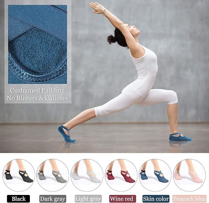 Geyoga 6 Pairs Pilates Socks for Women Barre Yoga Ballet Non-slip Athletic Socks with Grip Straps for Barefoot Workout