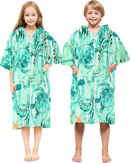 Abahub Surf Poncho Women & Men Towel Poncho Adult with Hood, Thick Quick Dry Changing Poncho Towel, Microfiber Wearable Cover Up for Surfing Beach Swim - Absorbent Changing Towel S (Green Turtle)