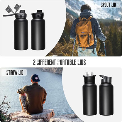 32 oz Insulated Water Bottle Bulk 4 Pack, Stainless Steel Sports Water Bottles with Straw Lid & Wide Mouth Lids, Double Walled Vacuum, Leak Proof, Black