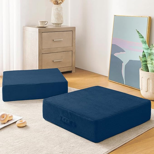 Solid Square Floor Pillows for Adults Kids - Large Meditation Floor Pillow Seating Cushion with Thick Foam & Washable Velvet Cover, 2 Pack, 22x22x5 Inch, Dark Blue