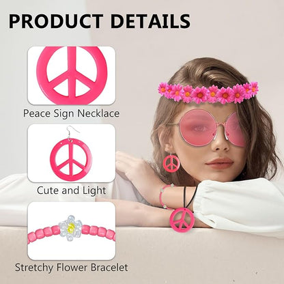 Hippie Costume Accessories Set Peace Sign Necklace Sunglasses Flower Headband Earrings for 60s 70s Outfit Party Women