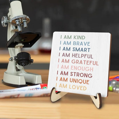 Decorative Desk Decor Motivational I Am Kind Affirmations Positive Plaque with Wooden Stand Inspirational Wood Sign for Nursery Playroom Homeschool Classroom Reading Corner Table Shelf