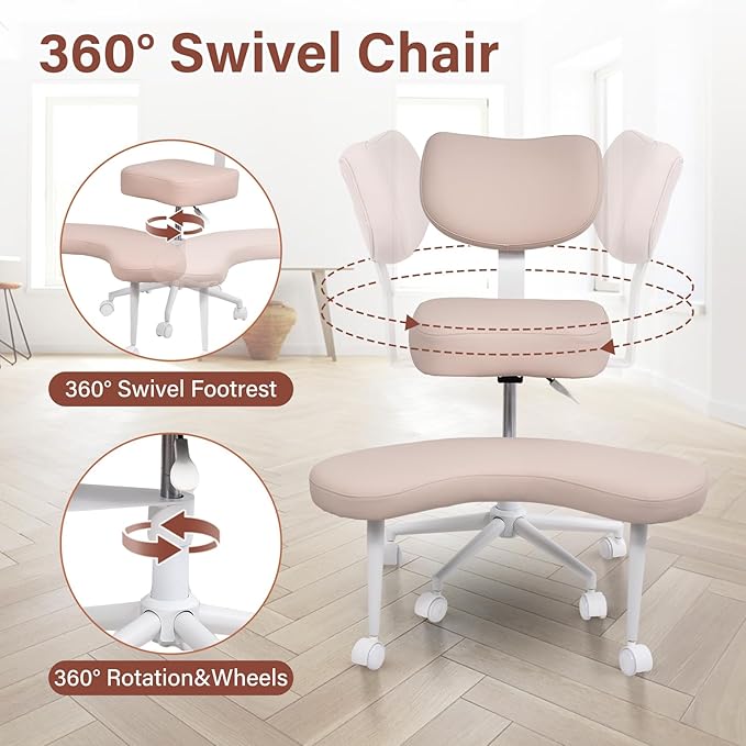 Meditation Chair, Cross Legged ADHD Office Chair for Adults with Wheels Ergonomic Back Support and Leg Rest for Multi Position Criss Cross Sitting Kneeling and Yoga Height Adjustable, Leather Style