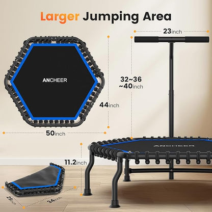 ANCHEER 50" Rebounder Trampoline for Adults- 2025 Foldable Mini Trampoline with Bar- Exercise Trampoline for Adults, Max Load 560lbs, for Indoor/Garden Workout