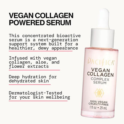 Pacifica Vegan Collagen Complex Face Serum Anti Aging Hydrating Serum w/Hyaluronic Acid for Plumping & Firming Collagen Boosting Facial Serum for Fine Lines & Wrinkles Clean Dermatologist Tested