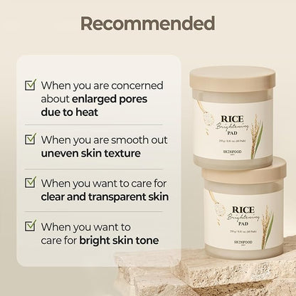 SKINFOOD Rice Daily Toner Pad, Korean Skincare Face Toner with 100% Cotton Pads for Glow Glass Skin, Natural Rice Water Milk, Hydrating, Exfoliating, Glowing, Vegan, 8.81 oz (60 Pads)