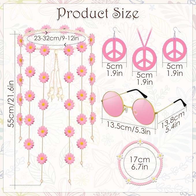 6 Pcs Hippie Costume Accessories Set, Flower Hippie Headband Boho Peace Sign Necklace Earrings Sunglasses Bracelet