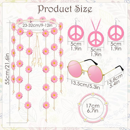 6 Pcs Hippie Costume Accessories Set, Flower Hippie Headband Boho Peace Sign Necklace Earrings Sunglasses Bracelet
