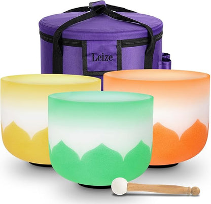 Leize 6-12 inch Lotus Design Colored Rim Chakra Tuned 432hz Set of 7 Quartz Crystal Singing Bowls with Heavy Duty Carrying Cases and Singing Bowl Mallet Suede Strikers