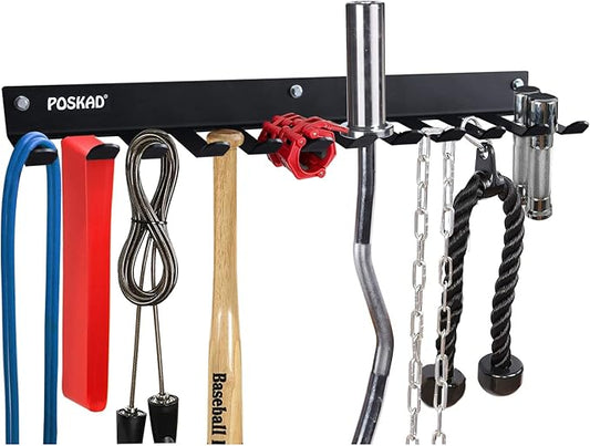 Poskad Multi-Purpose Gym Storage Rack,8 OR 12 Hook Heavy-Duty Steel Gym Organizer Wall Mount Hanger for Home and Pro, Gym Accessory Storage Resistance Bands,Jump Ropes,Lifting Belt,Barbells.
