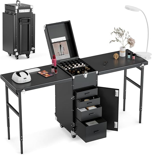Icoget Portable Nail Table Desk, Foldable Rolling Manicure Table with Wheel, Makeup Train Case for Nail Teach, 2 Desktop Cosmetic Trolley Case, Black