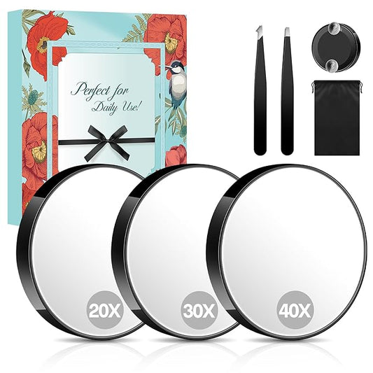 MIYADIVA Magnifying Mirror 40X/30X/20X, 3.5 Inch Round Compact Mirror with Suction Cup, 2Ps Stainless Steel Tweezers, Perfect for Makeup, Eyebrows, Beards, Travel