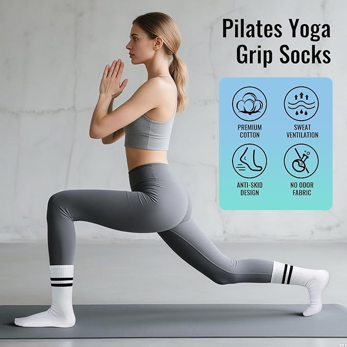 5 Pairs Pilates Socks with Grips for Women - Grip Yoga Socks for Women Non Slip Grippy Sock for Pure Barre, Dance, Barefoot, Workout, Hospital Sticky Slipper Socks-Pink/White/Black/Gray/Blue